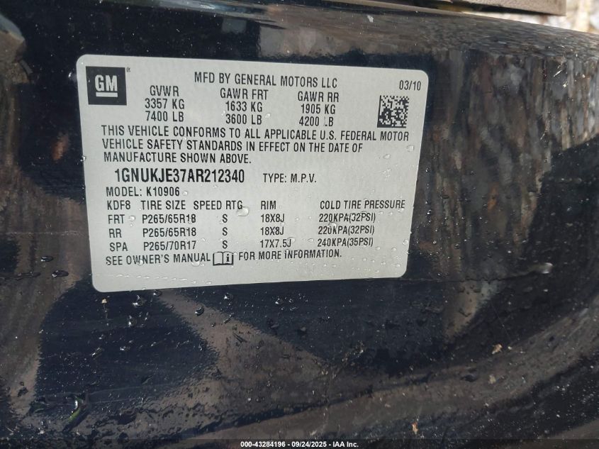 2010 Chevrolet Suburban 1500 Lt1 VIN: 1GNUKJE37AR212340 Lot: 43284196