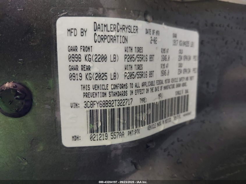 2002 Chrysler Pt Cruiser Limited VIN: 3C8FY68B92T322717 Lot: 43284197