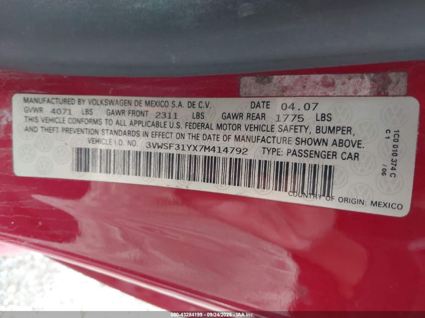 2007 Volkswagen New Beetle 2.5 VIN: 3VWSF31YX7M414792 Lot: 43284199