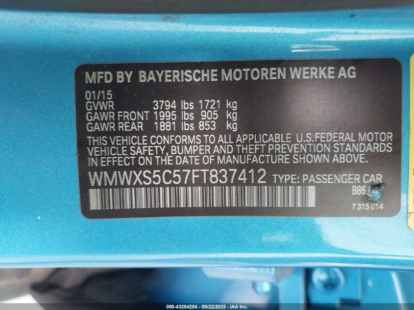 2015 Mini Hardtop Cooper VIN: WMWXS5C57FT837412 Lot: 43284204