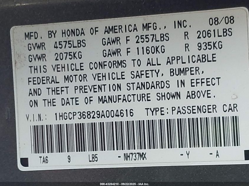 2009 Honda Accord 3.5 Ex-L VIN: 1HGCP36829A004616 Lot: 43284210