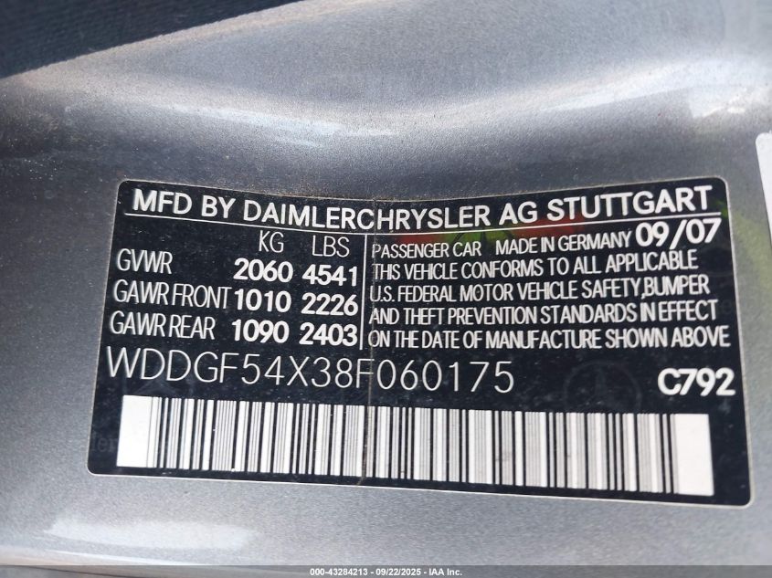 2008 Mercedes-Benz C 300 Luxury/Sport VIN: WDDGF54X38F060175 Lot: 43284213