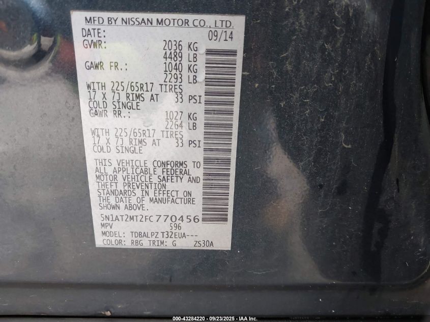 2015 Nissan Rogue S/Sl/Sv VIN: 5N1AT2MT2FT770456 Lot: 43284220