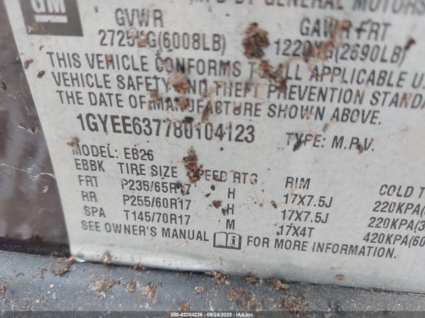 2008 Cadillac Srx V6 VIN: 1GYEE637780104123 Lot: 43284236