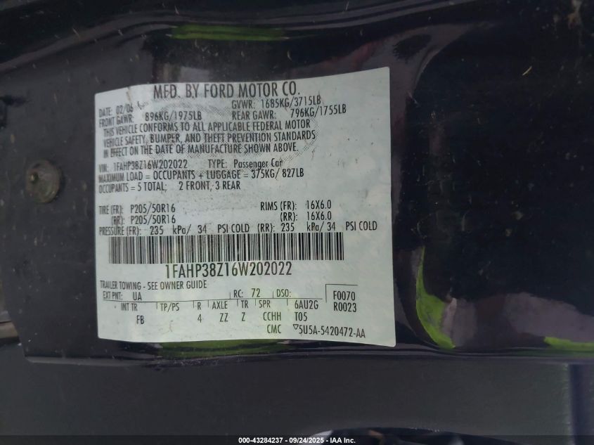 2006 Ford Focus Zx4 VIN: 1FAHP38Z16W202022 Lot: 43284237