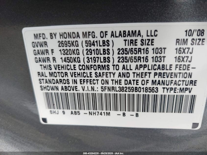 2009 Honda Odyssey Lx VIN: 5FNRL38259B018563 Lot: 43284239