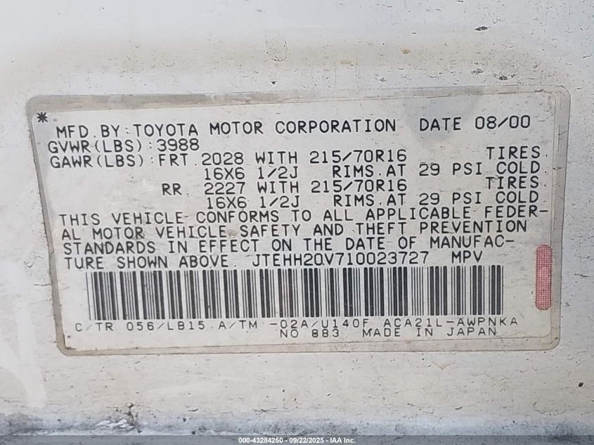 2001 Toyota Rav4 VIN: JTEHH20V710023727 Lot: 43284250