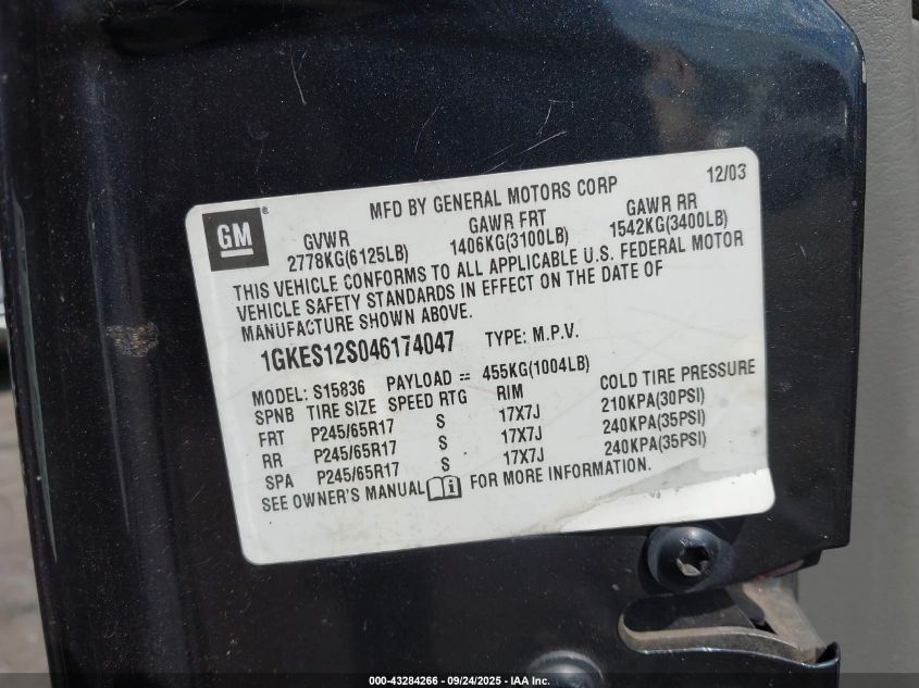 2004 GMC Envoy Xuv Slt VIN: 1GKES12S046174047 Lot: 43284266