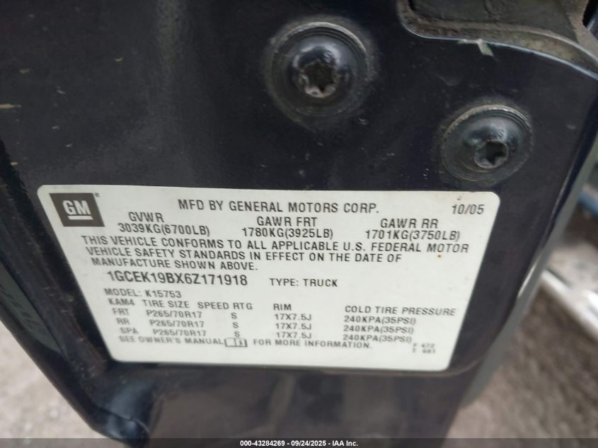 2006 Chevrolet Silverado 1500 Lt1 VIN: 1GCEK19BX6Z171918 Lot: 43284269
