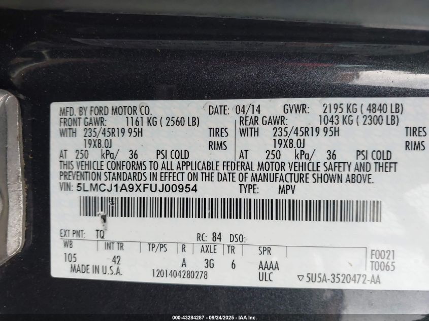 2015 Lincoln Mkc VIN: 5LMCJ1A9XFUJ00954 Lot: 43284287