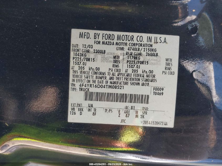 2004 Mazda B2300 Se VIN: 4F4YR16D04TM08521 Lot: 43284293