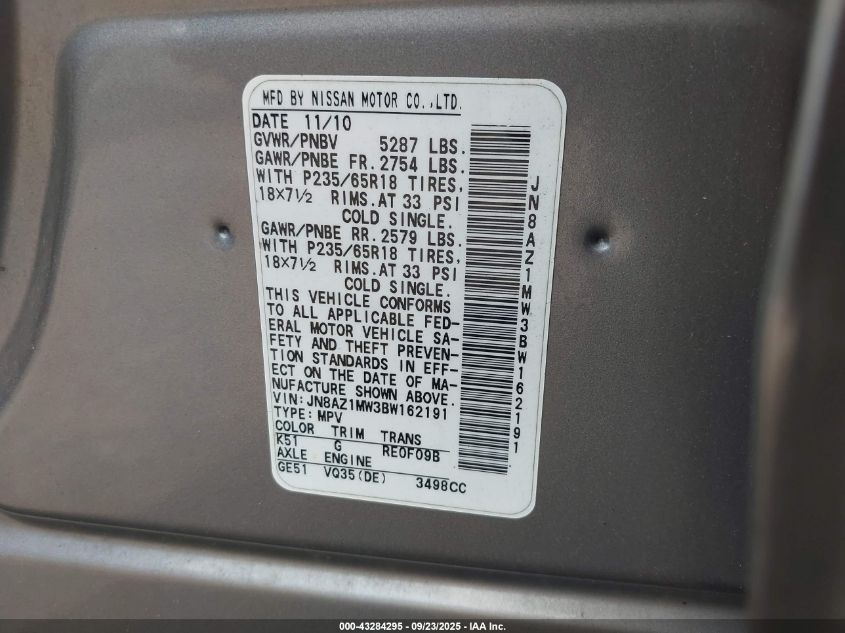 2011 Nissan Murano S VIN: JN8AZ1MW3BW162191 Lot: 43284295