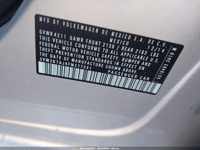 2015 Volkswagen Jetta 2.0L S VIN: 3VW2K7AJ4FM277241 Lot: 43284302