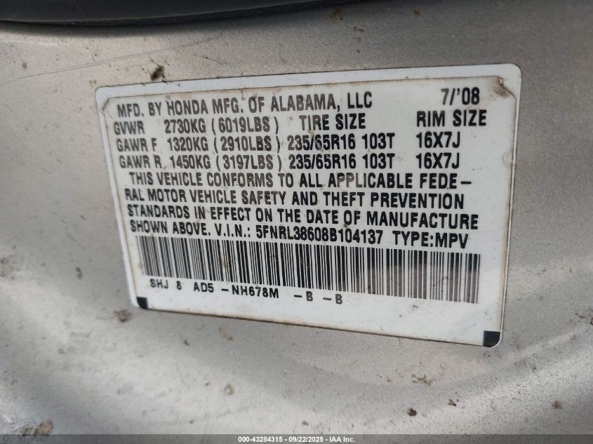 2008 Honda Odyssey Ex-L VIN: 5FNRL38608B104137 Lot: 43284315