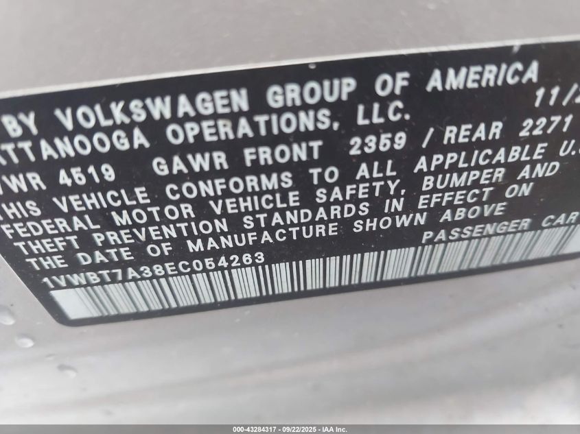 2014 Volkswagen Passat 1.8T Se VIN: 1VWBT7A38EC054263 Lot: 43284317