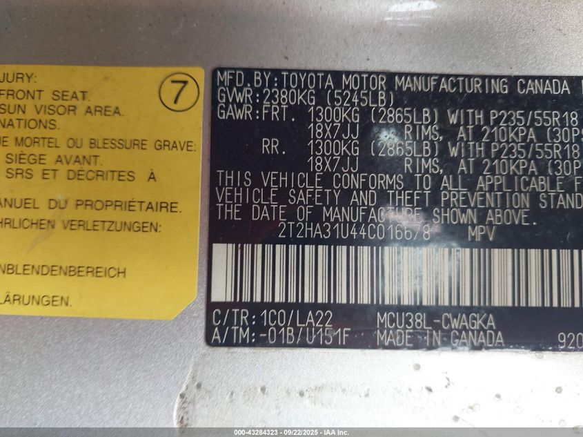 2004 Lexus Rx 330 VIN: 2T2HA31U44C016678 Lot: 43284323