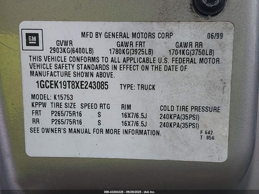 1999 Chevrolet Silverado 1500 Ls VIN: 1GCEK19T8XE243085 Lot: 43284328