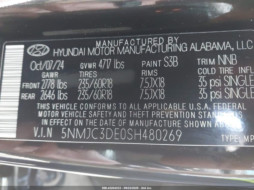 2025 Hyundai Tucson Sel Convenience VIN: 5NMJC3DE0SH480269 Lot: 43284333