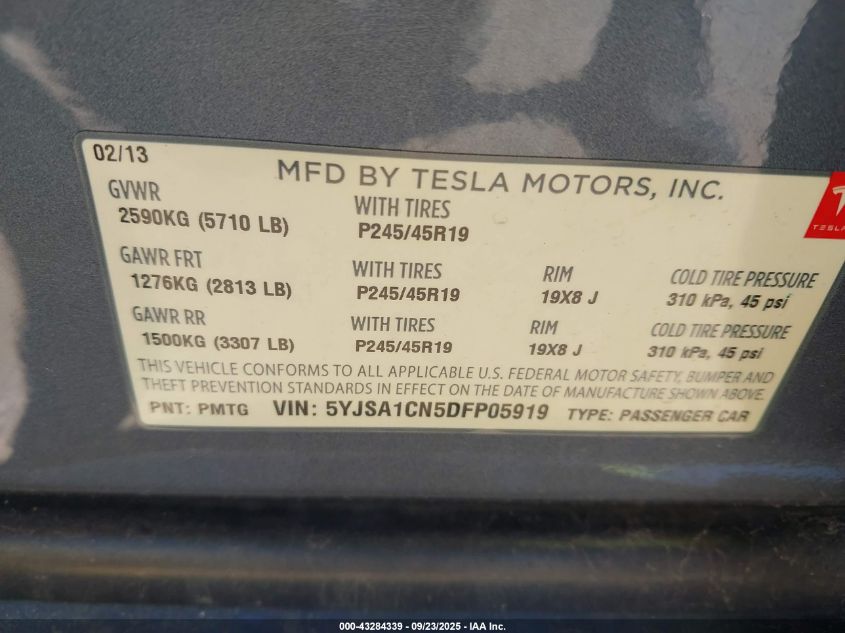 2013 Tesla Model S VIN: 5YJSA1CN5DFP05919 Lot: 43284339