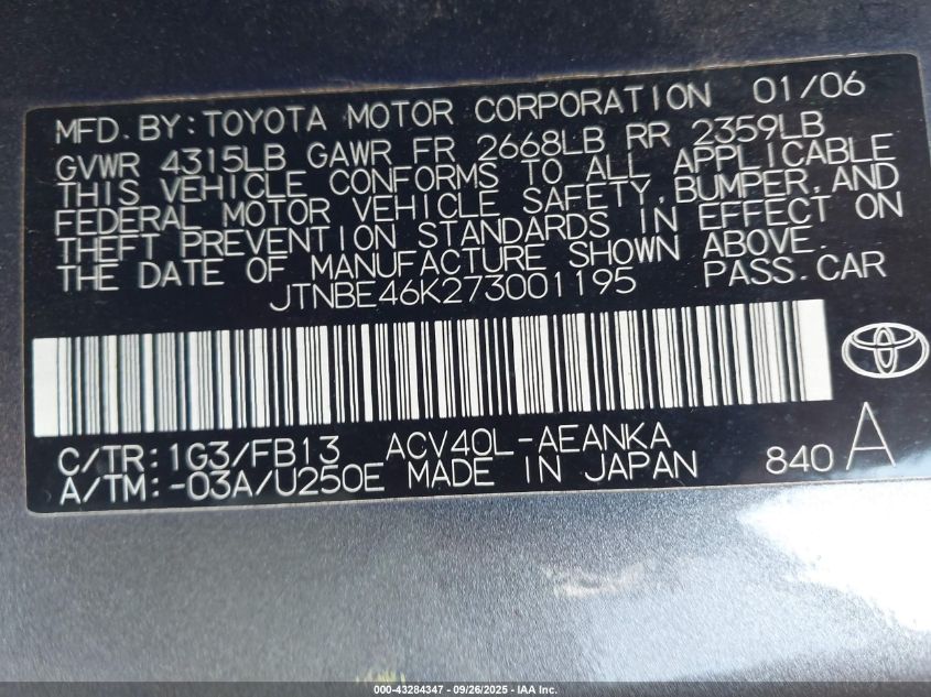 2007 Toyota Camry Le VIN: JTNBE46K273001195 Lot: 43284347