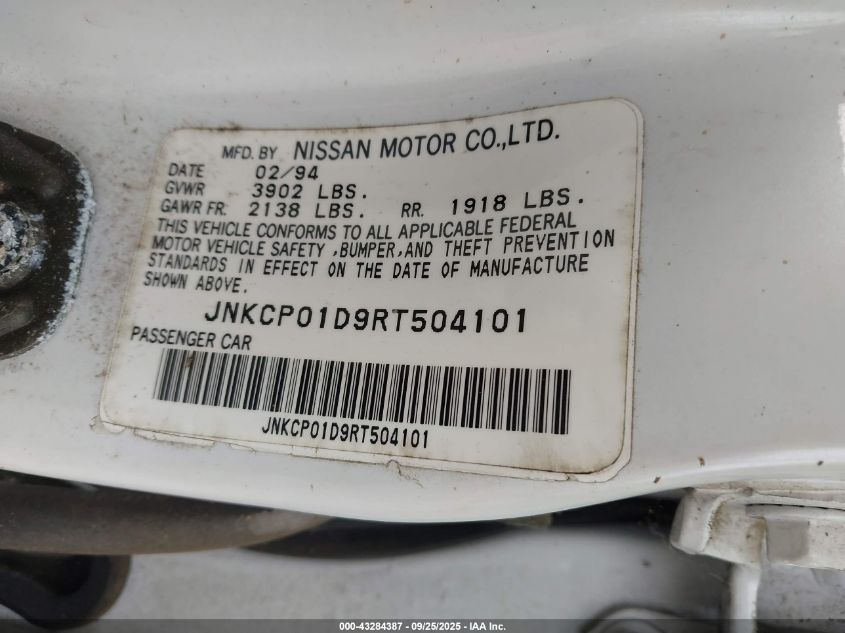 1994 Infiniti G20 VIN: JNKCP01D9RT504101 Lot: 43284387
