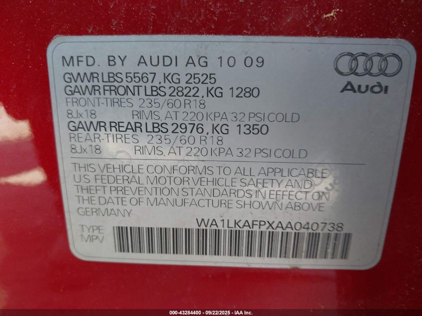 2010 Audi Q5 3.2 Premium VIN: WA1LKAFPXAA040738 Lot: 43284400