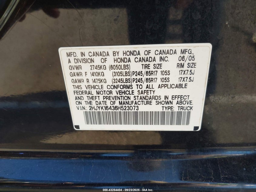 2006 Honda Ridgeline Rts VIN: 2HJYK16436H523073 Lot: 43284404