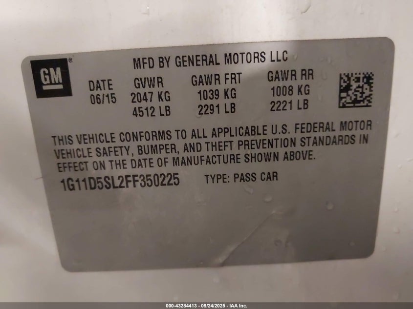 2015 Chevrolet Malibu 2Lt VIN: 1G11D5SL2FF350225 Lot: 43284413