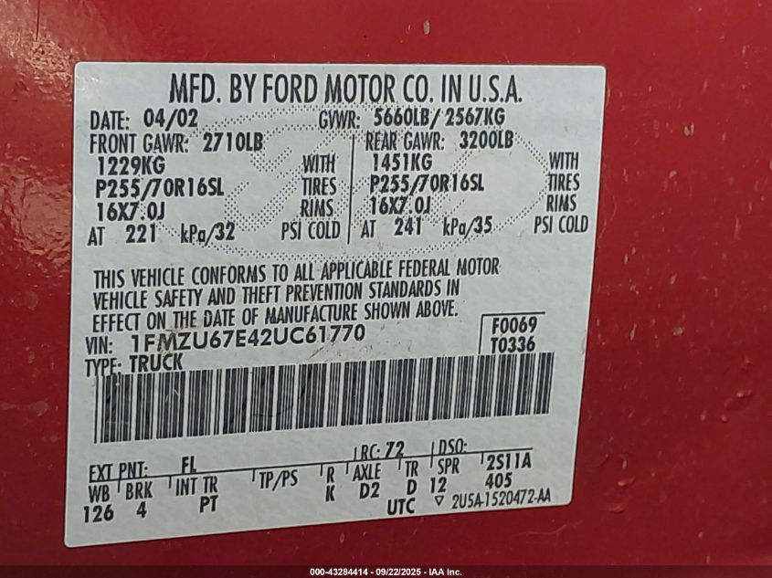 2002 Ford Explorer Sport Trac VIN: 1FMZU67E42UC61770 Lot: 43284414