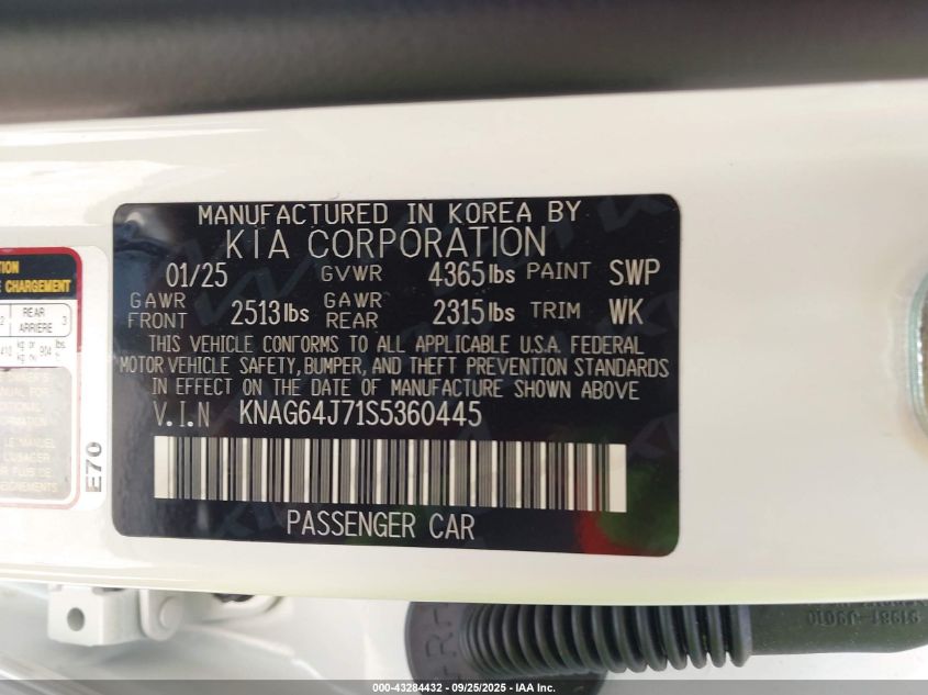 2025 Kia K5 Gt-Line VIN: KNAG64J71S5360445 Lot: 43284432