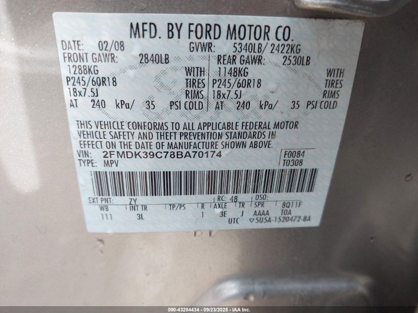 2008 Ford Edge Limited VIN: 2FMDK39C78BA70174 Lot: 43284434