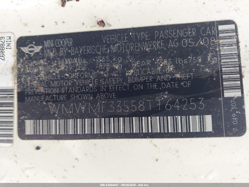 2008 Mini Cooper VIN: WMWMF33558TT64253 Lot: 43284447