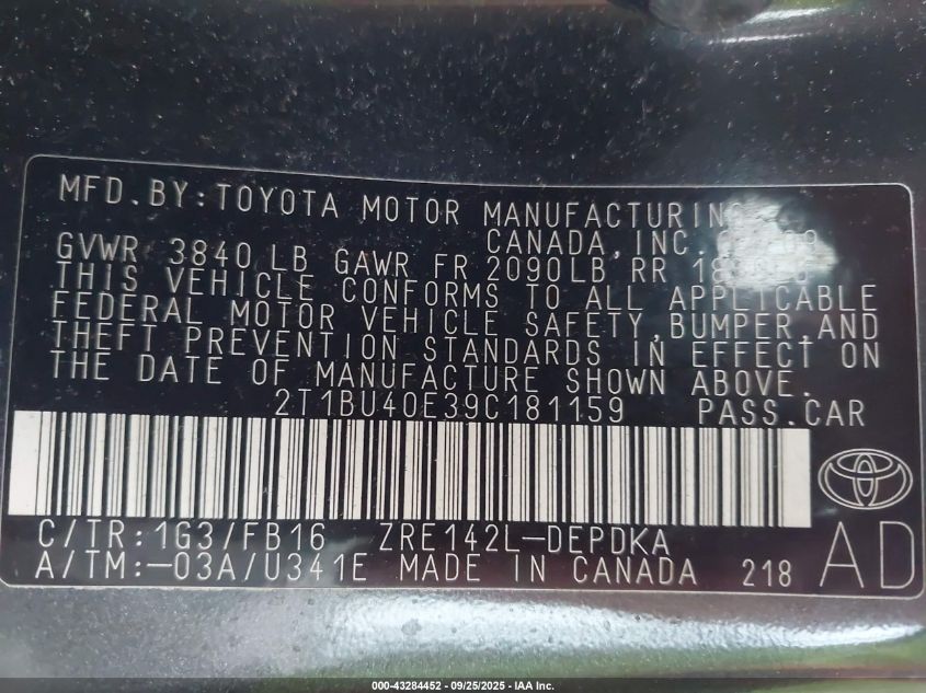 2009 Toyota Corolla Le VIN: 2T1BU40E39C181159 Lot: 43284452