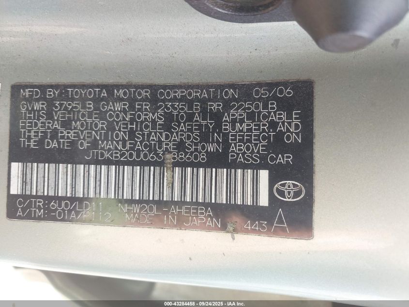 2006 Toyota Prius VIN: JTDKB20U063188608 Lot: 43284458
