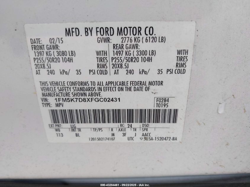 2015 Ford Explorer Xlt VIN: 1FM5K7D8XFGC02431 Lot: 43284461