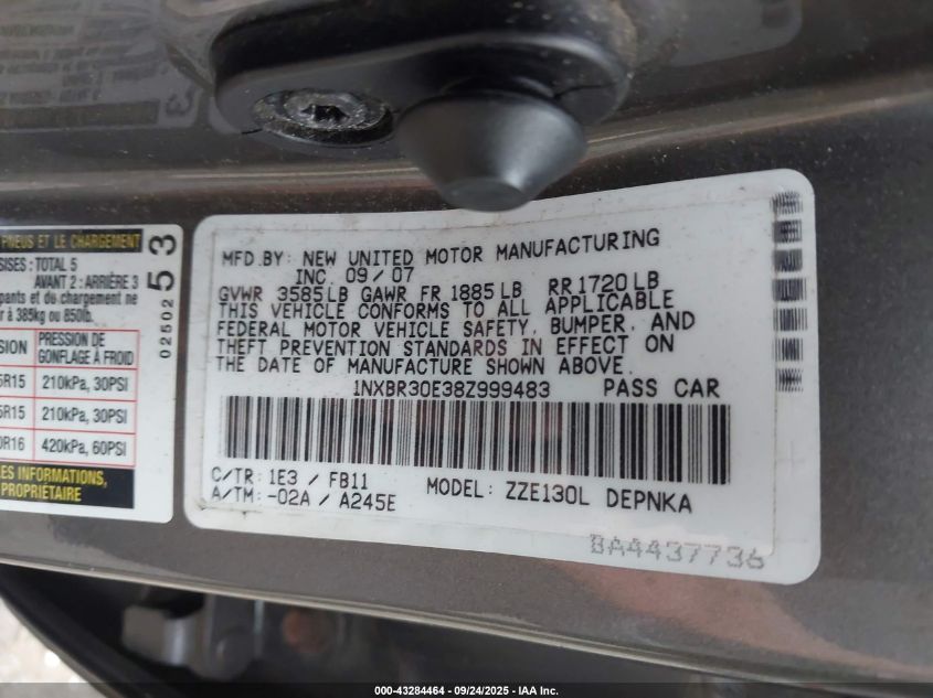 2008 Toyota Corolla Le VIN: 1NXBR30E38Z999483 Lot: 43284464