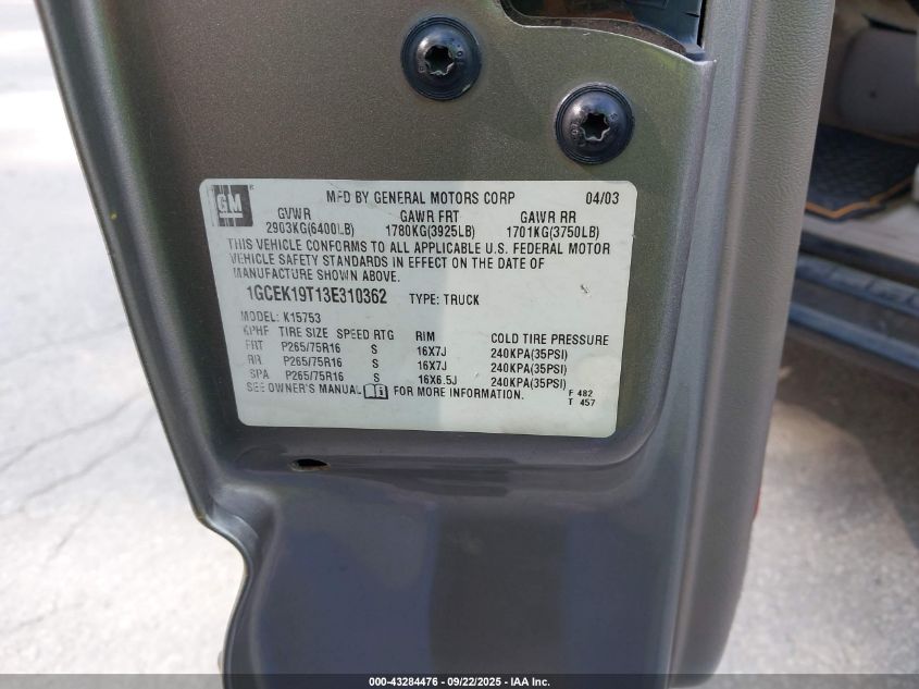 2003 Chevrolet Silverado 1500 Ls VIN: 1GCEK19T13E310362 Lot: 43284476