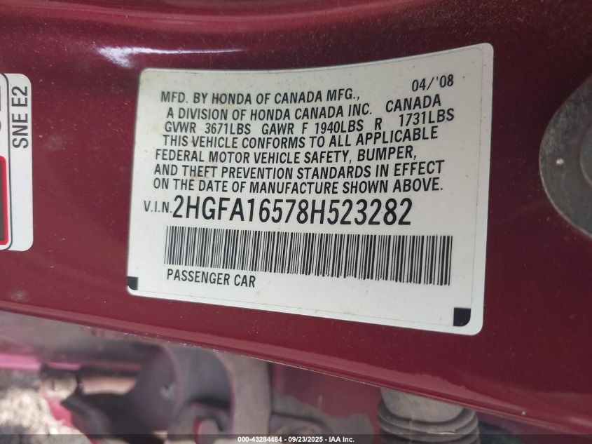 2008 Honda Civic Lx VIN: 2HGFA16578H523282 Lot: 43284484