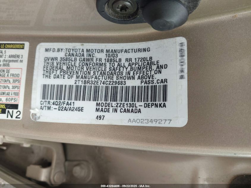 2004 Toyota Corolla Le VIN: 2T1BR32E74C229683 Lot: 43284486