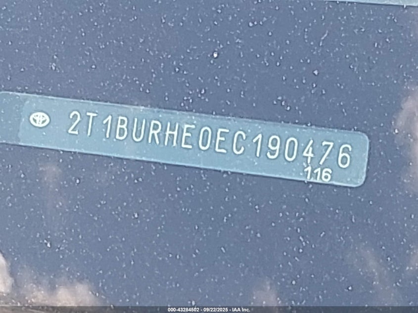 2014 Toyota Corolla Le VIN: 2T1BURHE0EC190476 Lot: 43284502