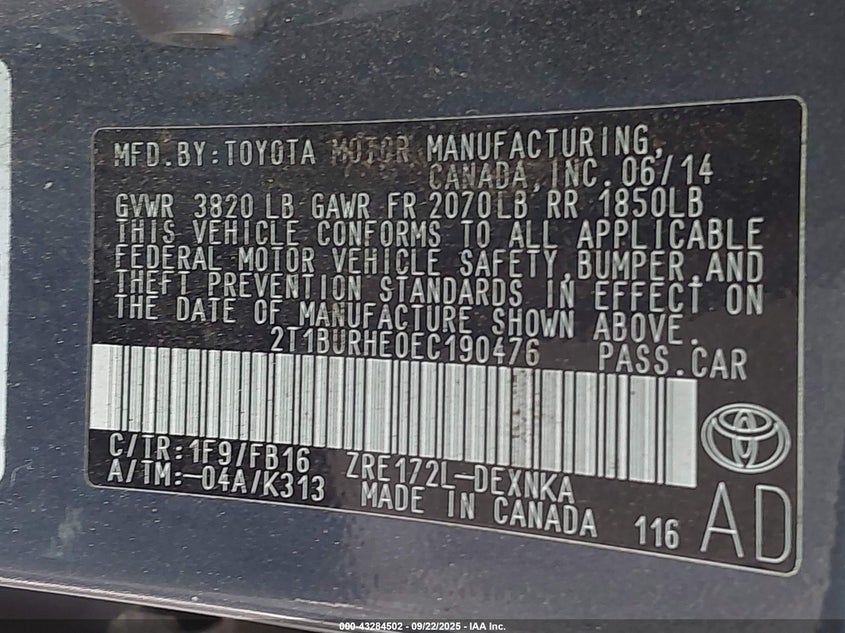 2014 Toyota Corolla Le VIN: 2T1BURHE0EC190476 Lot: 43284502