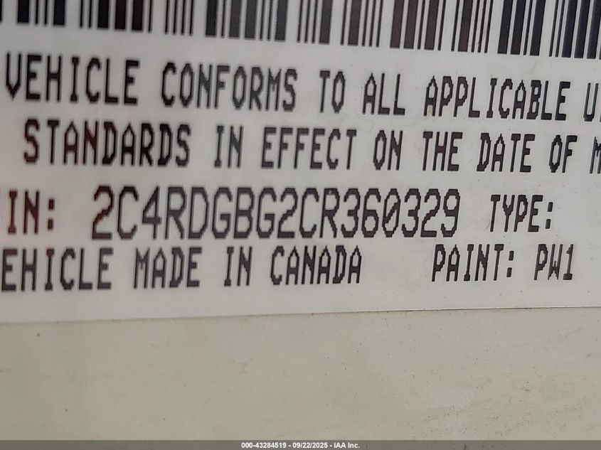 2012 Dodge Grand Caravan Se/Avp VIN: 2C4RDGBG2CR360329 Lot: 43284519