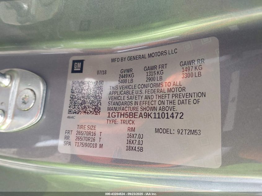 2019 GMC Canyon VIN: 1GTH5BEA9K1101472 Lot: 43284524