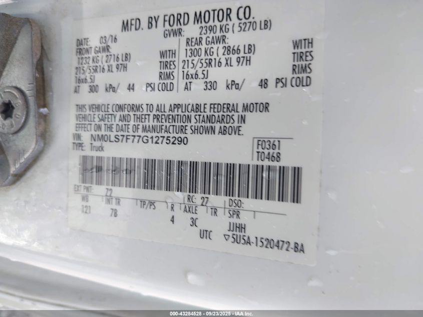 2016 Ford Transit Connect Xlt VIN: NM0LS7F77G1275290 Lot: 43284528