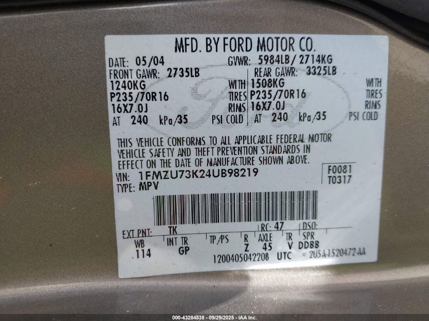 2004 Ford Explorer Nbx/Xlt VIN: 1FMZU73K24UB98219 Lot: 43284538