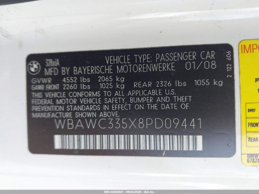 2008 BMW 328Xi VIN: WBAWC335X8PD09441 Lot: 43284541