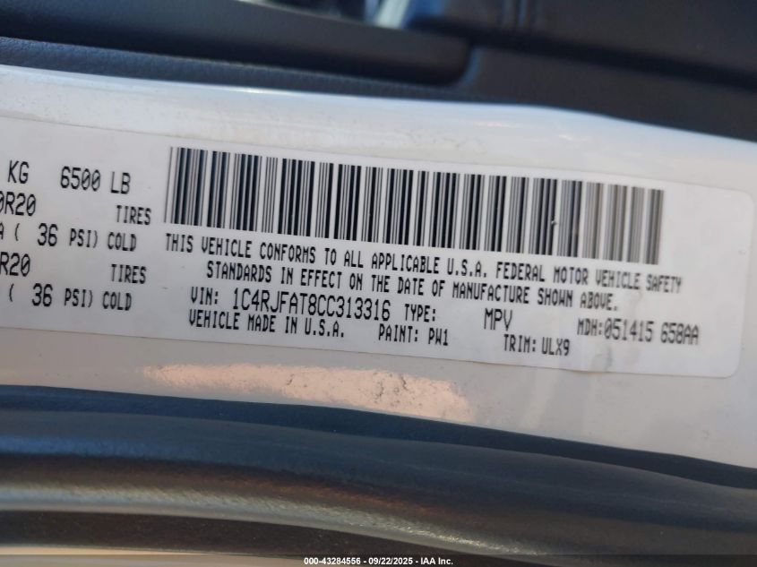 2012 Jeep Grand Cherokee Laredo VIN: 1C4RJFAT8CC313316 Lot: 43284556