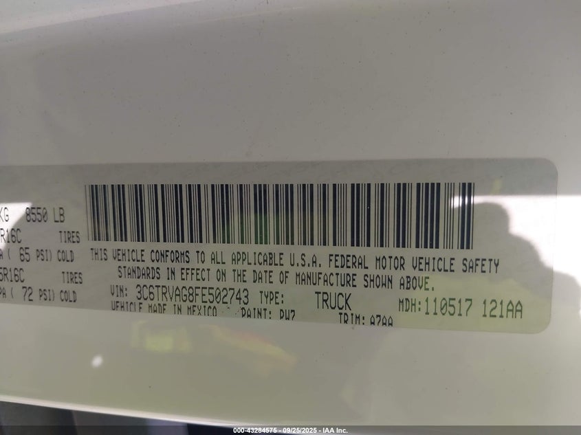 2015 RAM PROMASTER 1500 LOW ROOF - 3C6TRVAG8FE502743