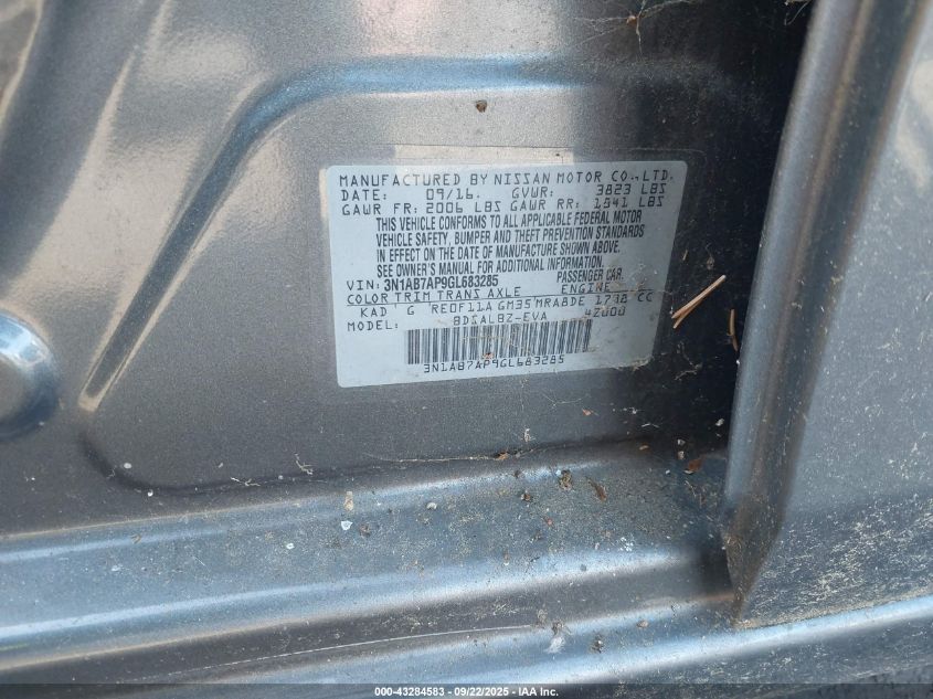 2016 Nissan Sentra S VIN: 3N1AB7AP9GL683285 Lot: 43284583