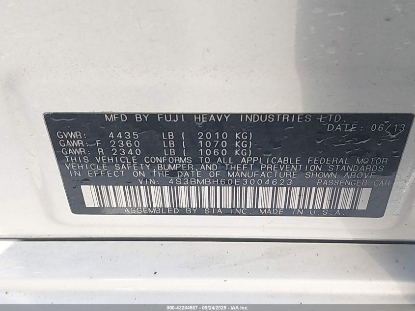 2014 Subaru Legacy 2.5 I Sport VIN: 4S3BMBH60E3004623 Lot: 43284587